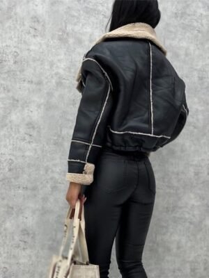 Casual Regular Fit Plain Turndown Long Sleeve Short Faux Leather Jacket - Image 2