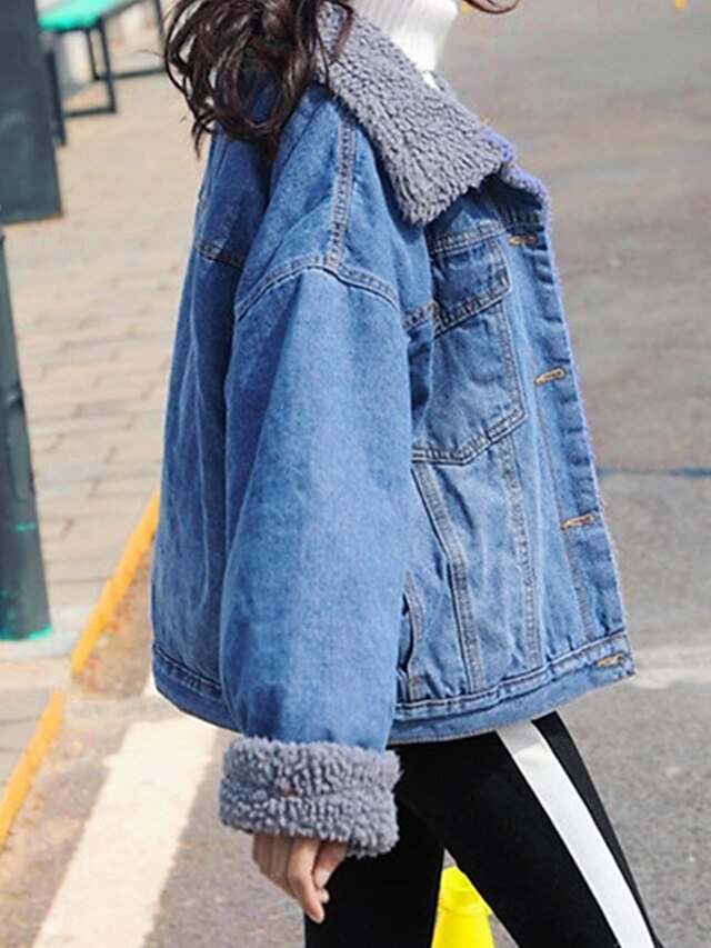 Casual Regular Fit Plain Turndown Long Sleeve Denim Teddy Coat - Image 2