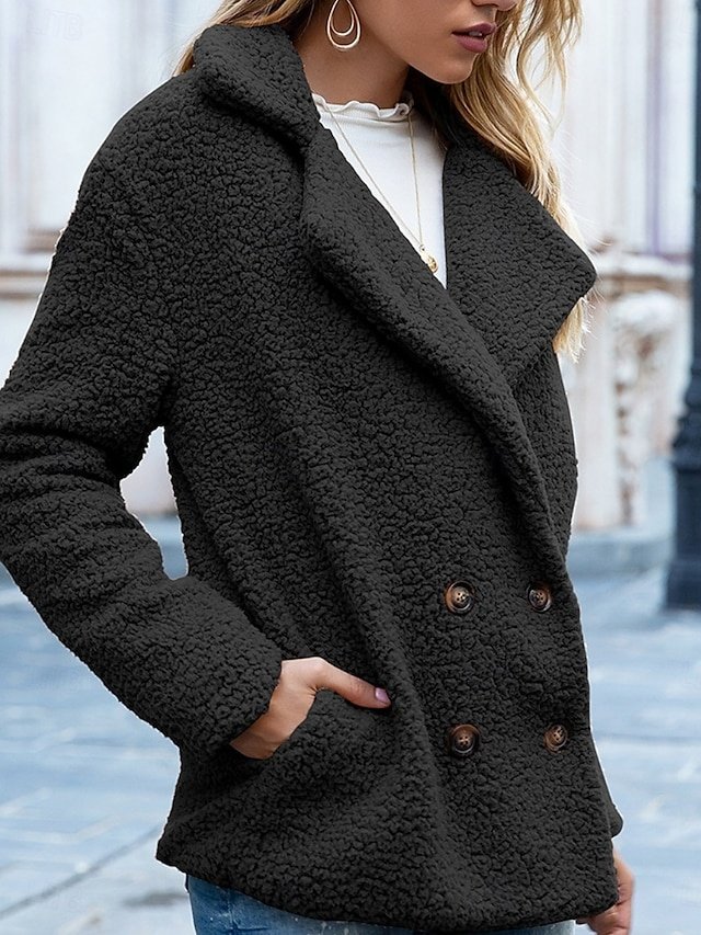 Casual Regular Fit Plain Turndown Long Sleeve Teddy Coat - Image 2