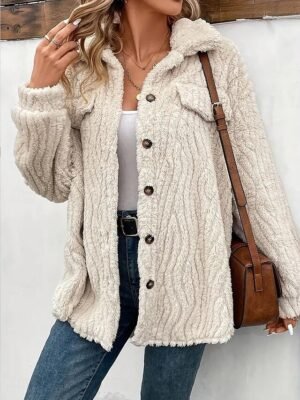 Casual Regular Fit Plain Turndown Long Sleeve Teddy Coat - Image 2