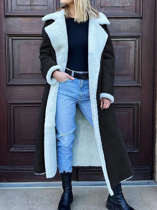 Casual Regular Fit Plain Turndown Long Sleeve Long Teddy Coat - Image 2