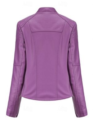Casual Regular Fit Plain Turndown Long Sleeve Faux Leather Jacket - Image 29