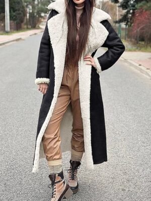 Casual Regular Fit Plain Turndown Long Sleeve Long Teddy Coat - Image 3