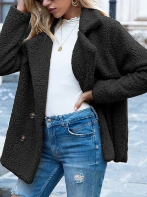 Casual Regular Fit Plain Turndown Long Sleeve Teddy Coat - Image 3