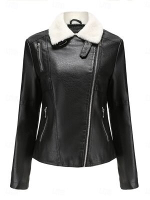 Casual Regular Fit Plain Turndown Long Sleeve Short Faux Leather Jacket - Image 3