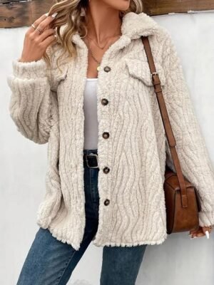 Casual Regular Fit Plain Turndown Long Sleeve Teddy Coat - Image 3