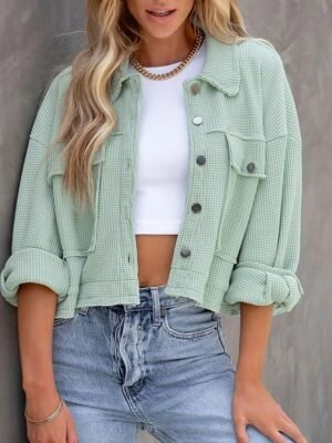 Casual Regular Fit Plain Turndown Long Sleeve Short Jacket - Image 3