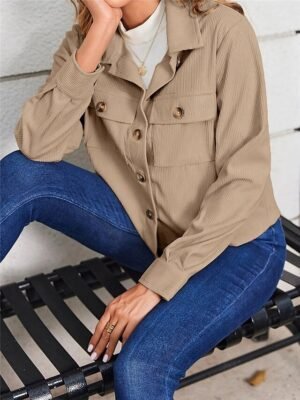 Casual Regular Fit Plain Turndown Long Sleeve Short Shacket - Image 3