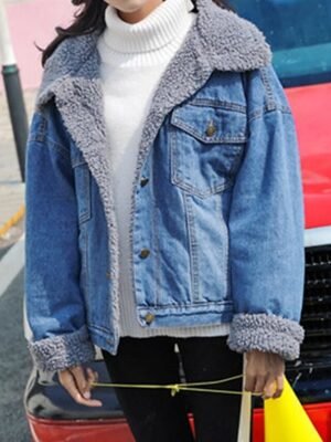 Casual Regular Fit Plain Turndown Long Sleeve Denim Teddy Coat - Image 3