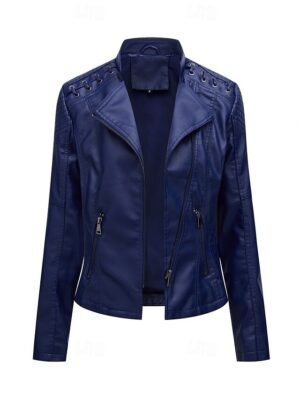 Casual Regular Fit Plain Turndown Long Sleeve Faux Leather Jacket - Image 30