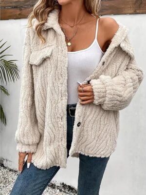Casual Regular Fit Plain Turndown Long Sleeve Teddy Coat - Image 4