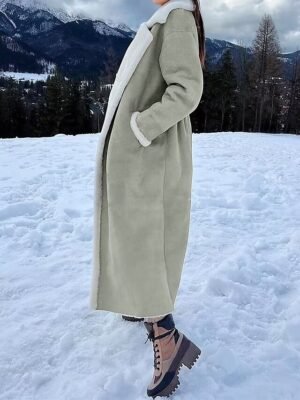 Casual Regular Fit Plain Turndown Long Sleeve Long Teddy Coat - Image 4