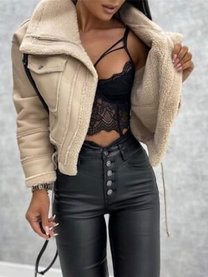 Casual Regular Fit Plain Turndown Long Sleeve Short Faux Leather Jacket - Image 5