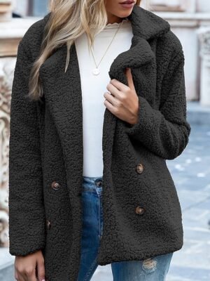Casual Regular Fit Plain Turndown Long Sleeve Teddy Coat - Image 5