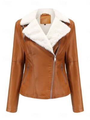 Casual Regular Fit Plain Turndown Long Sleeve Short Faux Leather Jacket - Image 5