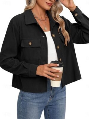 Casual Regular Fit Plain Turndown Long Sleeve Short Shacket - Image 6