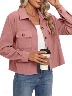 Casual Regular Fit Plain Turndown Long Sleeve Short Shacket - Image 7