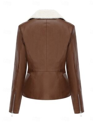 Casual Regular Fit Plain Turndown Long Sleeve Short Faux Leather Jacket - Image 7