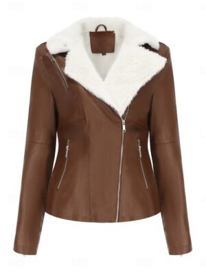 Casual Regular Fit Plain Turndown Long Sleeve Short Faux Leather Jacket - Image 8