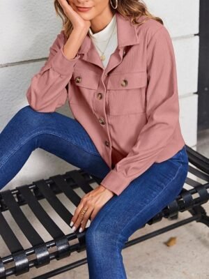 Casual Regular Fit Plain Turndown Long Sleeve Short Shacket - Image 9