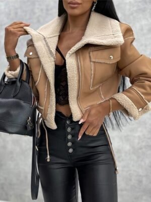 Casual Regular Fit Plain Turndown Long Sleeve Short Faux Leather Jacket - Image 9