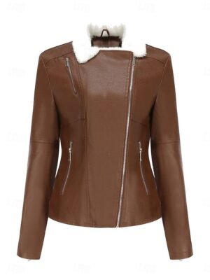 Casual Regular Fit Plain Turndown Long Sleeve Short Faux Leather Jacket - Image 9