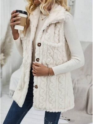 Casual Regular Fit Plain Turndown Sleeveless Regular Teddy Coat - Image 3