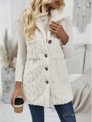 Casual Regular Fit Plain Turndown Sleeveless Regular Teddy Coat - Image 4
