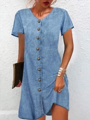 Casual Regular Fit Plain V Neck Button Short Sleeve Mini Denim Dress - Image 1