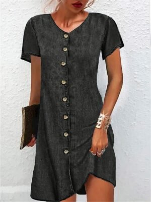 Casual Regular Fit Plain V Neck Button Short Sleeve Mini Denim Dress - Image 2
