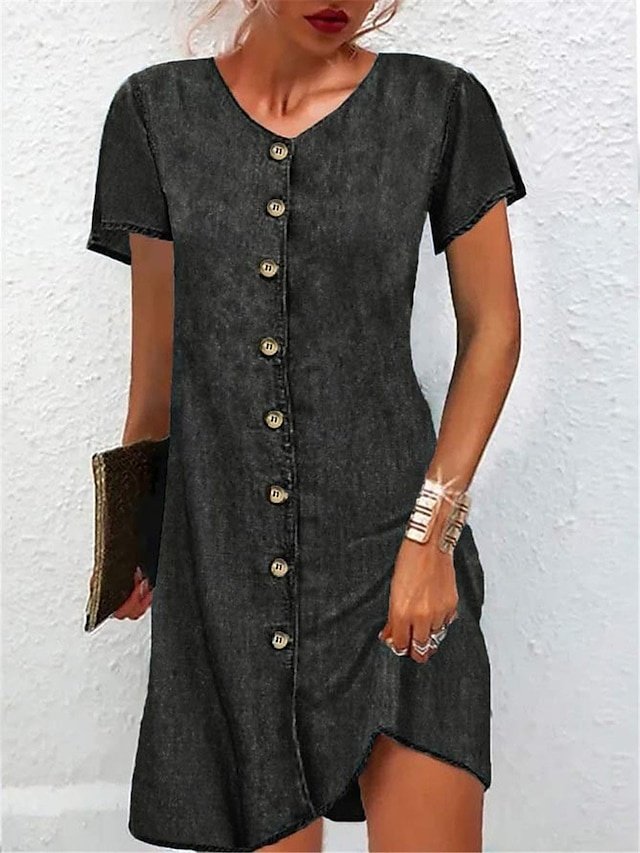 Casual Regular Fit Plain V Neck Button Short Sleeve Mini Denim Dress - Image 2