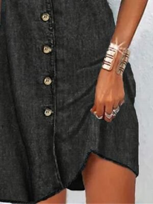 Casual Regular Fit Plain V Neck Button Short Sleeve Mini Denim Dress - Image 3