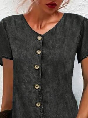 Casual Regular Fit Plain V Neck Button Short Sleeve Mini Denim Dress - Image 4