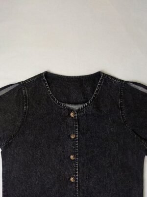 Casual Regular Fit Plain V Neck Button Short Sleeve Mini Denim Dress - Image 5