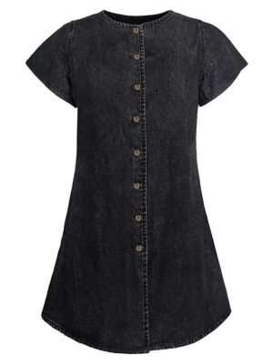 Casual Regular Fit Plain V Neck Button Short Sleeve Mini Denim Dress - Image 7
