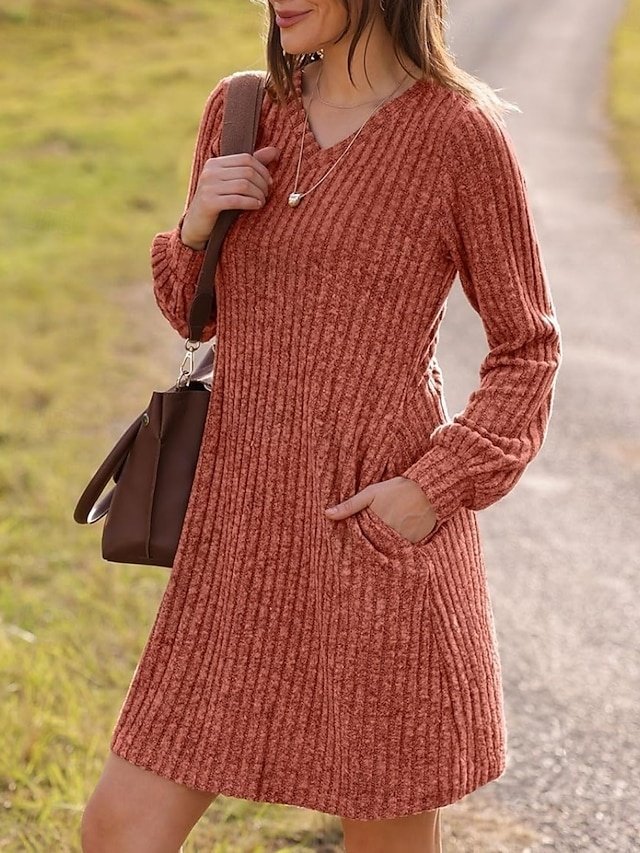 Casual Regular Fit Plain V Neck Long Sleeve Mini Sweater Dress - Image 1