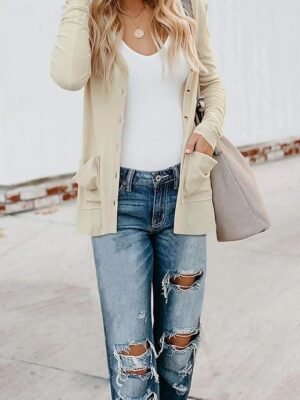 Casual Regular Fit Plain V Neck Long Sleeve Jacket - Image 15