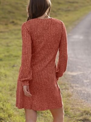 Casual Regular Fit Plain V Neck Long Sleeve Mini Sweater Dress - Image 3
