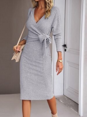 Casual Regular Fit Plain V Neck Long Sleeve Midi Sweater Dress - Image 5