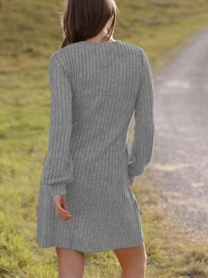 Casual Regular Fit Plain V Neck Long Sleeve Mini Sweater Dress - Image 9