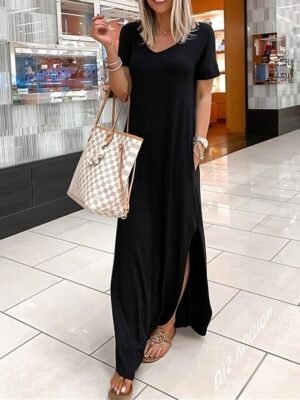 Casual Regular Fit Plain V Neck Short Sleeve Maxi Dress - Image 1
