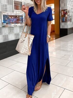 Casual Regular Fit Plain V Neck Short Sleeve Maxi Dress - Image 2