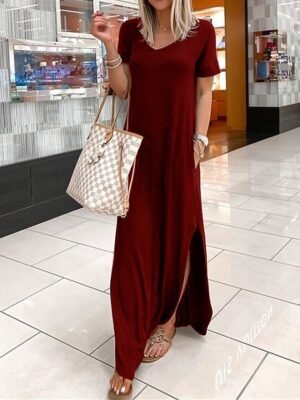Casual Regular Fit Plain V Neck Short Sleeve Maxi Dress - Image 3