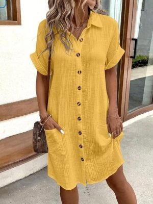 Casual Regular Fit Plain V Neck Short Sleeve Mini Shirt Dress - Image 6