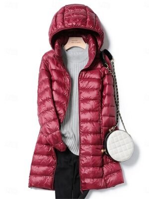 Casual Regular Fit Plain Zipper Long Hoodie Long Sleeve Puffer Jacket - Image 3