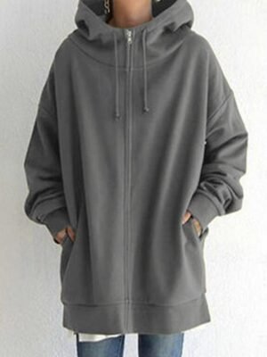 Casual Regular Fit Plain Zipper Long Sleeve Long Hoodie Jacket - Image 1