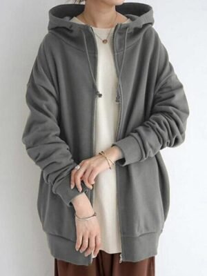 Casual Regular Fit Plain Zipper Long Sleeve Long Hoodie Jacket - Image 2