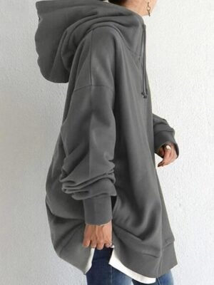 Casual Regular Fit Plain Zipper Long Sleeve Long Hoodie Jacket - Image 3