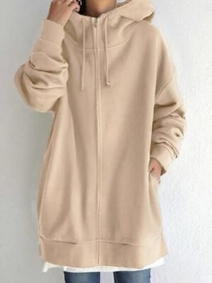 Casual Regular Fit Plain Zipper Long Sleeve Long Hoodie Jacket - Image 4