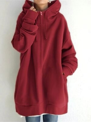 Casual Regular Fit Plain Zipper Long Sleeve Long Hoodie Jacket - Image 5